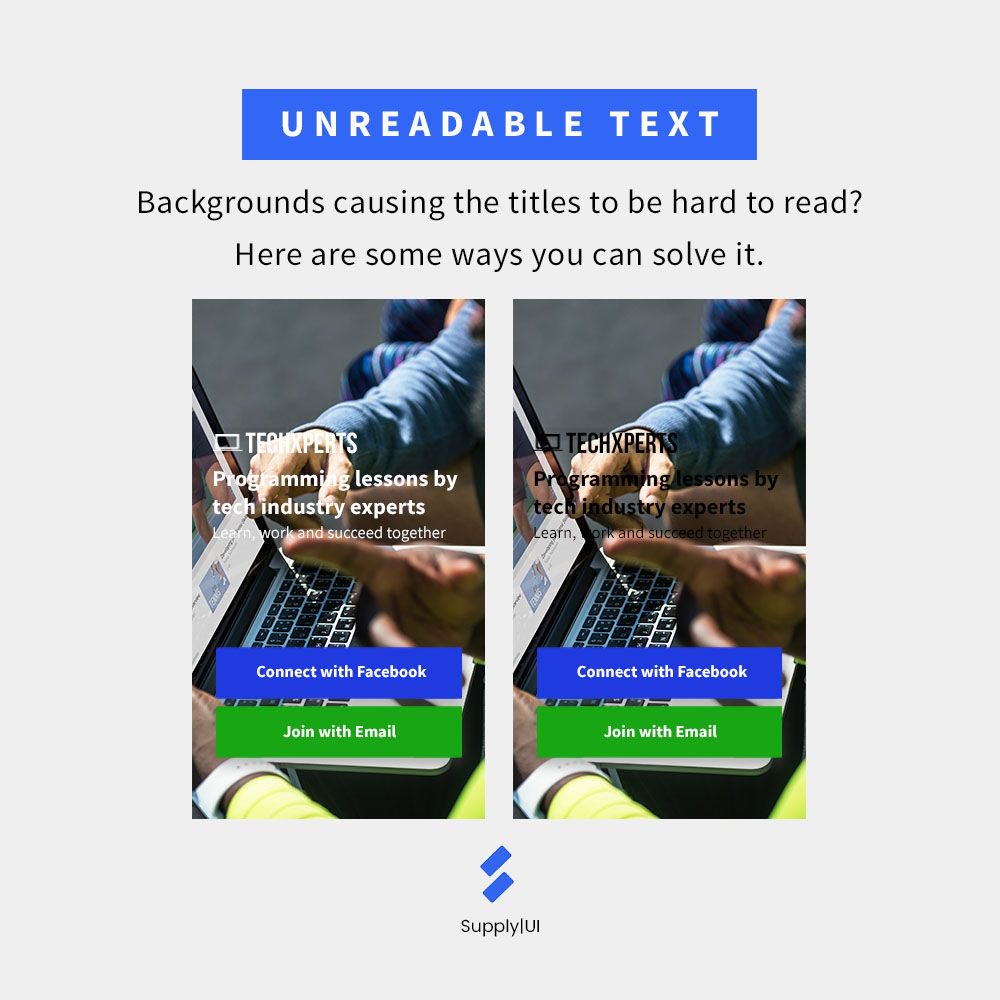 supplyuico's tweet photo. When your boss really wants an image as a background, here are some ways you can use to make the words pop. 

#ui #ux #uiux #uidesign #uxdesign #uiinspiration #designinspiration #designthinking #appdesign  #userinterface #visualdesign  #mobiledesign #dailyui #dailyux https://t.co/JjAX8iGaXG