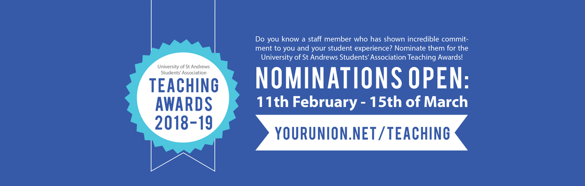 univofstandrews's tweet photo. The nominations for the Students' Association Teaching Awards 2018-19 are now open! The awards give students the opportunity to thank individuals and recognise the excellent teaching that happens in St Andrews. 

Nominate now at https://t.co/nRFx00rEDl https://t.co/9XCyUmilkb