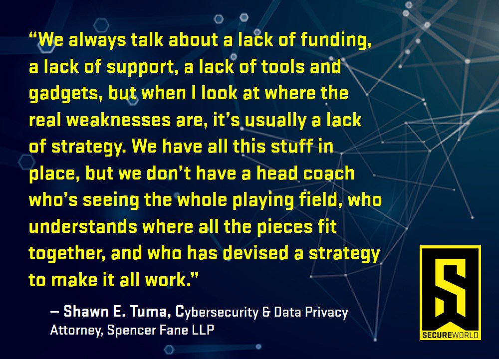SecureWorld's tweet photo. Overheard at #SecureWorld. @shawnetuma #SecurityQuotes #quotes #quotable #infosec #cybersecurity #strategy #cyberstrategy
https://t.co/gR1KsUGbab https://t.co/nNAcOGpw80