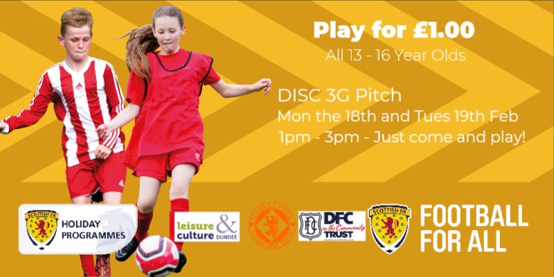 PLAY FOR £1.00. CALLING ALL 13-16yr olds - Mid-Term Drop in Tournament, Mon 18th &amp; Tue 19th Feb@ DISC 1-3pm (astro) -Come along to DISC for the day or both days to take part in our NEW play for £1 teenage only programme. 
Come with a team (6v6), on your own or with a few friends