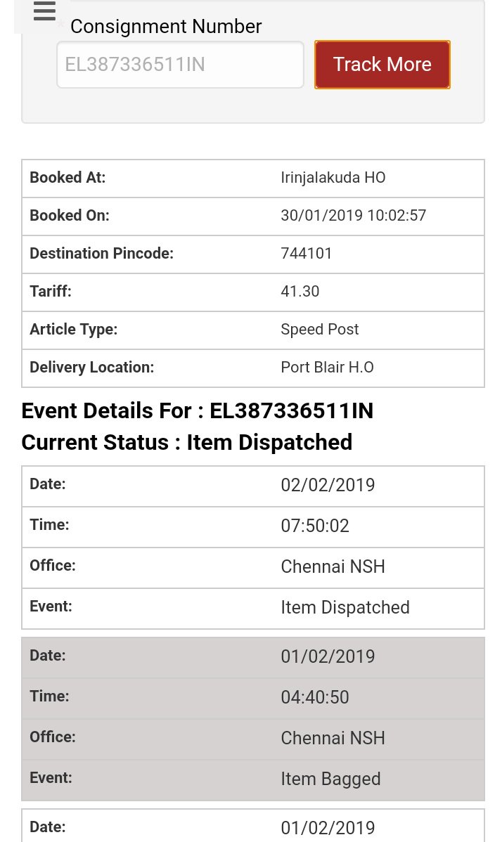 Pretendist's tweet image. My application for Job has been sent to Port Blair via speed post on 30-01-2019 (EL387336511IN)which was having last date on 15-02-2019. The postal website  shows the item got despatched from chennai on 02-02-2019 and still havnt reached destination!
#help #rply
@IndiaPostOffice