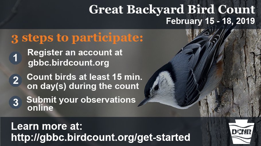 Great Backyard Birdcount February 15-18, 2019: 3 Steps to participate: 1 Register an account at gbbc,birdcount,org; 2 count birds at least 15 minutes a day; 3 submit your observations online. Learn more at gbbc.birdcount.org/get-started.