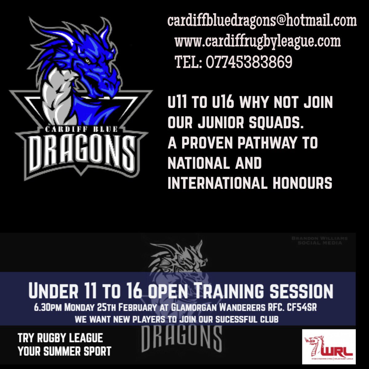 Calling all u11 to u16 rugby players. Open rugby league training session on Monday 25th February at Glamorgan Wanderers rfc CF5 4SR. From 6.30pm all abilities welcome. Meet the dragon family.@SportCardiff <a href="/YsgolGlantaf/">YsgoGlantaf</a> <a href="/StIlltydsPEDept/">St Illtyd's P.E Dept</a> <a href="/EasternHighPED1/">Eastern High PE Dept</a> <a href="/CMUrugbyleague/">Cardiff Met RLFC</a>  pls share