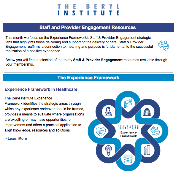jasonawolf's tweet photo. This months featured lens of @BerylInstitute #ExperienceFramework: Staff & Provider Engagement. Reinforces connection to meaning & purpose fundamental to successful realization of a pos experience. #EmployeeEngagement #PatientExperience #humanexperience https://t.co/9AQ34RCcid https://t.co/Z20ln19lzA