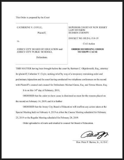 JCEA_jerseycity's tweet image. CASE DISMISSED. Coyle attempted to sue the BOE and District seeking an injunction and return Marcia Lyles to her duties as Superintendent. #nicetry #2bad #byebye