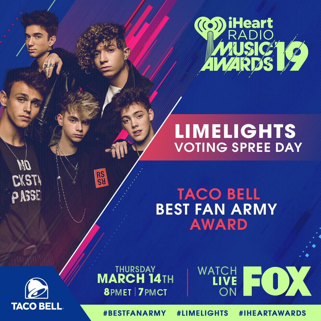 iHeartRadio's tweet photo. Calling All #Limelights! Welcome To Your @tacobell #BestFanArmy VOTING SPREE DAY! We will be giving out cool custom @whydontwemusic prizes to some lucky Limelights who vote on Twitter today! 🎉

Use 
#Limelights
@TacoBell #BestFanArmy
#iHeartSweepstakes
#iHeartAwards to ENTER! https://t.co/wTM36UoEPu
