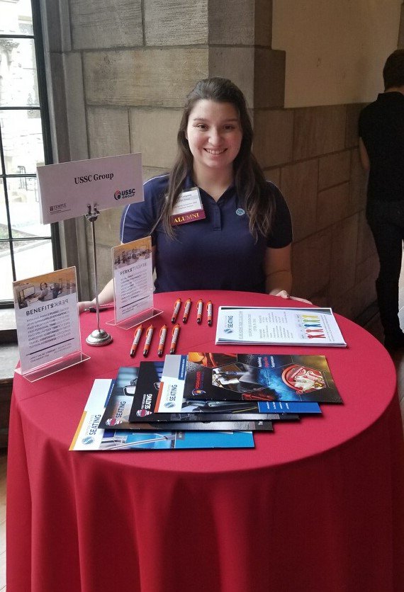 USSCLLC's tweet photo. HAPPENING NOW: USSC Group's HR Coordinator, Victoria Corpora is onsite at the @Temple University Career Fair from 10 AM - 1:30 PM talking with students about our #career opportunities! Stop by our table and see why #USSCGroup is the perfect place to grow your career. #Employment https://t.co/hjbmgLoOmg