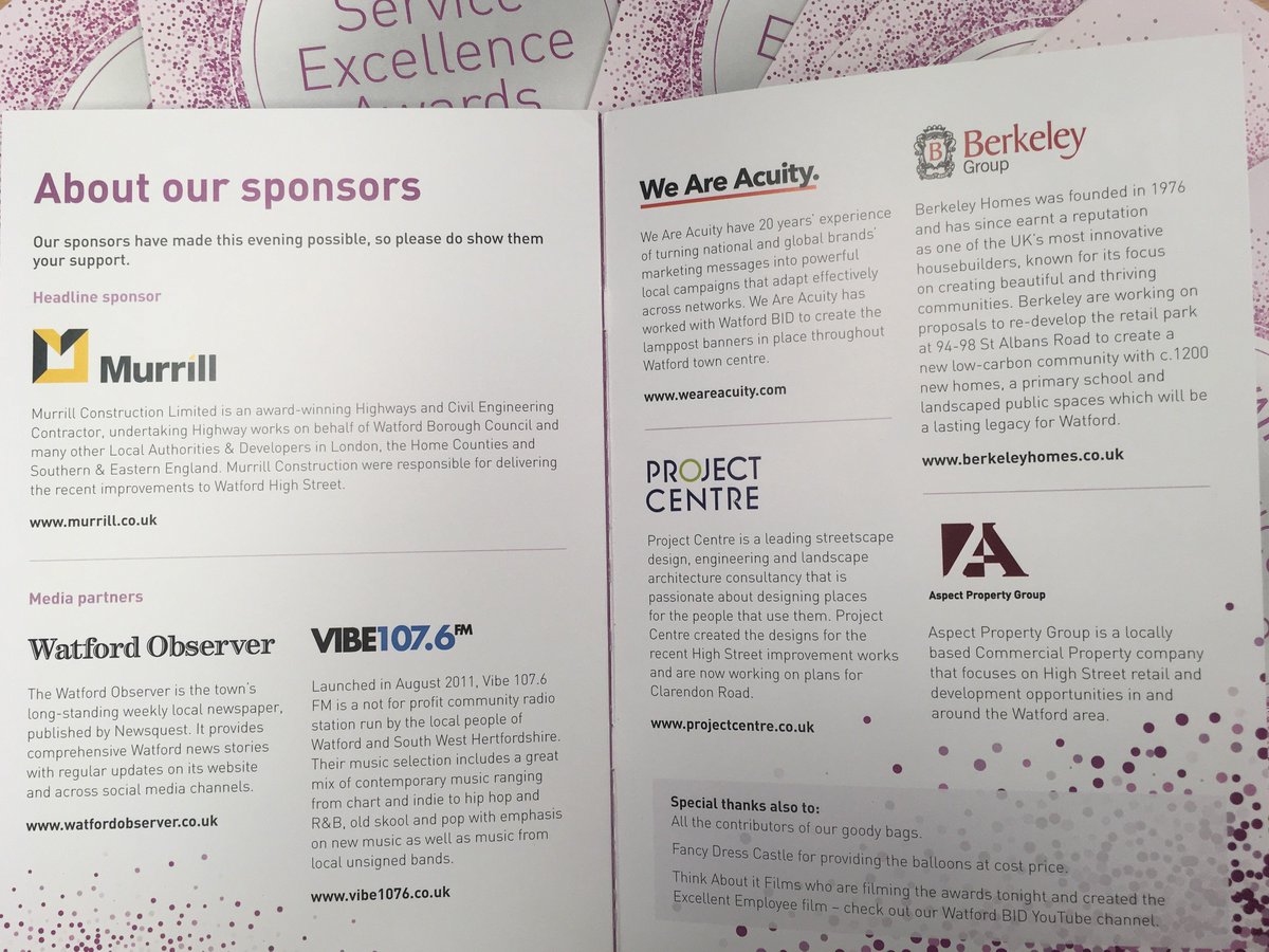A big thank you to the sponsors of the Service Excellence Awards:
@MurrillCons  <a href="/weareacuity/">We Are Acuity</a> <a href="/BerkeleyGroupUK/">Berkeley Group</a> <a href="/ProjectCentreUK/">Project Centre</a> Aspect Property Group <a href="/Observer_Owl/">Watford Observer</a>  <a href="/VIBE1076/">Vibe 107.6 FM</a> #Watford
