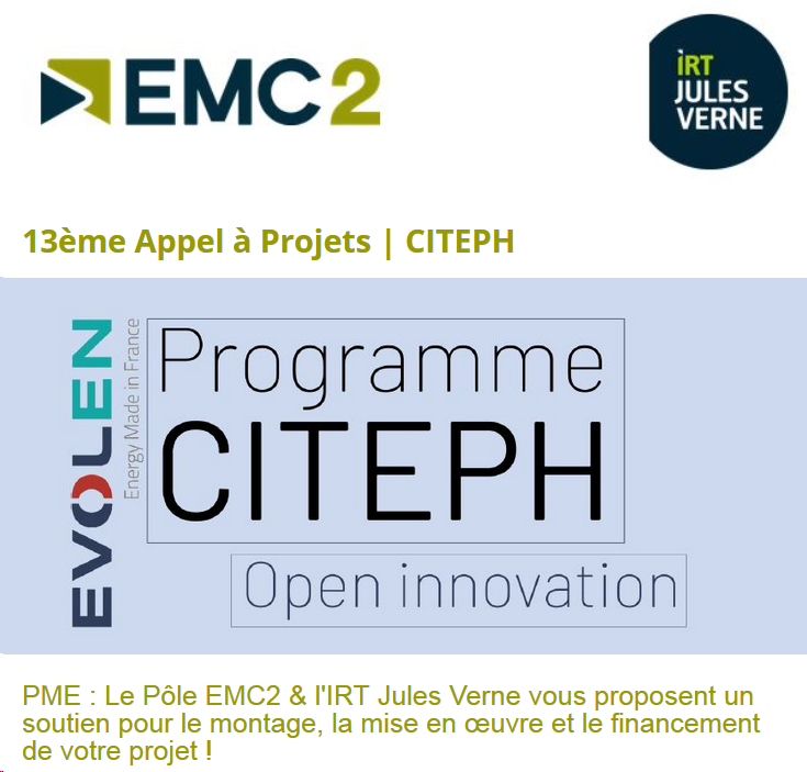 IRTJulesVerne's tweet image. 13e #AAP du #Citeph: programme pour le financement de l'#InnovationCollaborative dans le domaine de l'#énergie. #PME: L'@IRTJulesVerne Verne  &amp;amp; le @Polemc2 vs proposent 1 soutien pour le montage, mise en œuvre et financement de votre projet ! En savoir +👉 bit.ly/2GqCPMZ