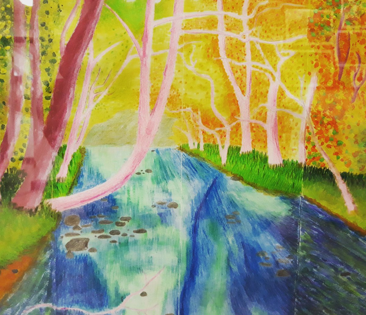 A beautiful landscape inspired by David Hockey. By Cadie Y in Y7. #proud #hockney #landscape #ks3 #ks3art #year7