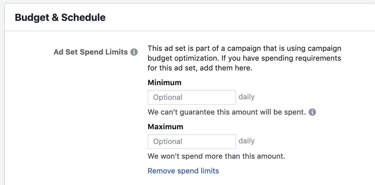 Day 19 - 2/15With the recent FB decision making CBO the default a lot of people have expressed concerns about losing control. One way to increase your control in a CBO is with ad set spend limits. You are able to set a min or max to help better manage that ad set's spend.