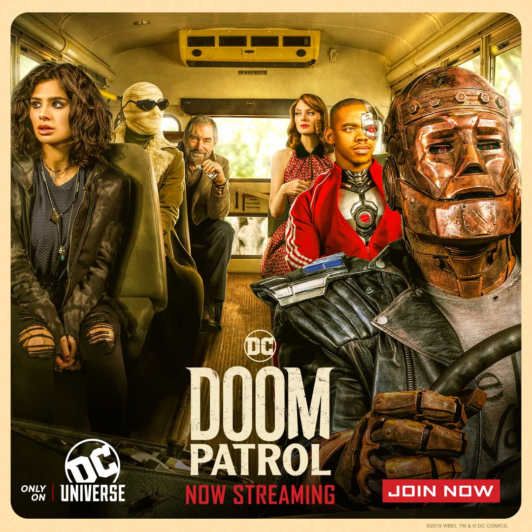 DCDoomPatrol's tweet photo. Strap yourself in for one strange ride! #DCUDOOMPATROL is now streaming, only on #DCUNIVERSE. https://t.co/7zv6PD1vFk