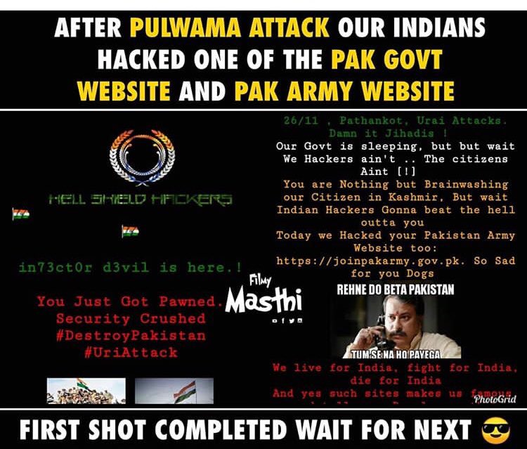 NihaPuli's tweet photo. I don’t know whether it’s true or not ,heard that one of our Indian man had hacked the #pakistanwebsite ,1st #taskcompleted by our #Indianarmy ,2nd mission has to b accomplish by our #jawans,#waitingfortheattackoverthepakistanterroists #pakistannipilakapikestham ,#RIPJawans https://t.co/pGBLuhFwbX