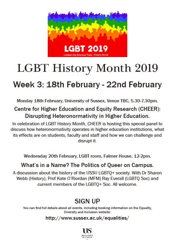 Next week events for #LGBTHM19 <a href="/SussexUni/">University of Sussex</a> continues.  This includes a special discussion panel <a href="/SussexCHEER/">Sussex CHEER</a>, and a talk by @wsharon145 &amp; <a href="/kathleenor/">Kathleen O'Reilly</a> about the Politics of Queer on Campus and in the <a href="/USSU/">University of Sussex Students' Union</a>.  

Not to be missed!

Further information in the image attached