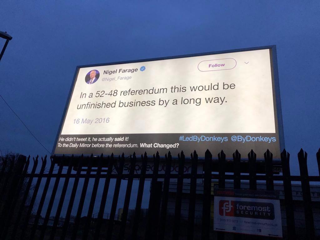 ByDonkeys's tweet photo. This backlit @Nigel_Farage billboard at the Notts County football ground is, in our opinion, a thing of stark beauty. Thanks to you lot for paying for it x https://t.co/xc10Q7zCt2