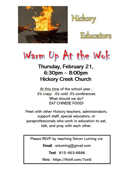 Hickory_Church's tweet photo. Attention Hickory Educators! 
Our fall event Fiesta &amp; Fellowship was a good time and we're already gearing up for another event.  It will take place on Thursday, February 21st, from 6:30-8:00PM at Hickory.  

You can register for it at the link below:
https://t.co/fXEmiVsv61 https://t.co/oTefe2kEVG