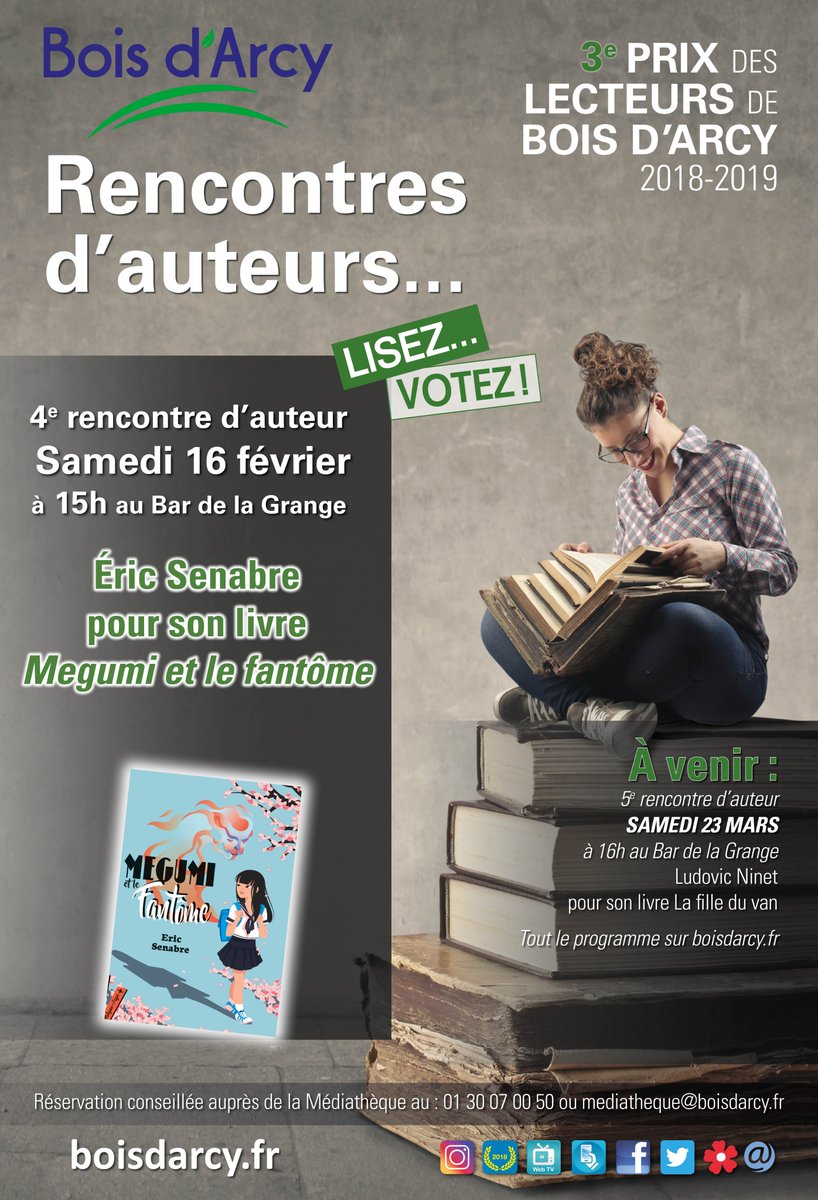 MairieBoisdArcy's tweet image. >> Rencontre du Prix des lecteurs 📚
Parmi les 7 ouvrages en lice cette année, ce samedi la médiathèque vous propose de rencontrer Eric Senabre, auteur jeunesse pour son livre " Mégumi et le fantôme ".
↪️Rendez-vous samedi 16 février à 15h au Bar de la Grange,
#WeekEndLecture