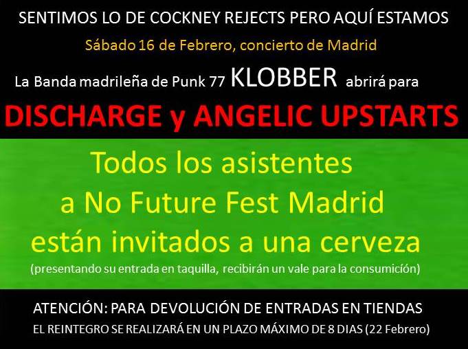 Mutick_com's tweet photo. Lamentablemente Cockney Rejects se han visto forzados a cancelar su participación en el #NoFutureFest pero el festival sigue adelante en la @chango_live con @realDISCHARGE, @AngelicUpstarts y la incorporación de la banda madrileña #Klobber.
🎟️ https://t.co/eICGaJcmkN https://t.co/YdAFcO95a6