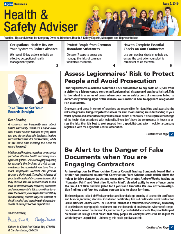 Here are some of the stories covered in March’s issue of Health &amp; Safety Adviser:
•A visitor to a leisure centre contracted Legionnaires’ disease
•Counterfeit Construction Plant Scheme cards
•Stagecoach Group Fined £2.3m for Fatal Bus Crash