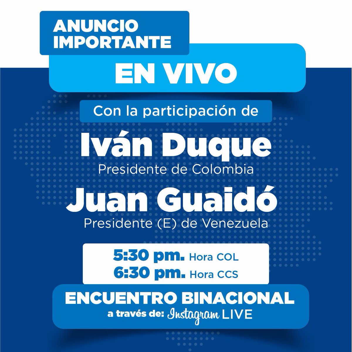 jguaido's tweet photo. Hoy #15feb a las 6:30 pm sostendremos un encuentro en vivo, por Instagram, con el Presidente de Colombia, @IvanDuque

Haremos importantes anuncios para continuar nuestra ruta por el cese de la usurpación, el gobierno de transición y las elecciones libres.

#AvalanchaHumanitaria https://t.co/0LUYZ6dF8Z