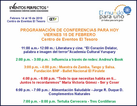 eventosperfecto's tweet photo. La programación del día de hoy.  Muy pero muy interesante.  ¡Te esperamos!
#elmundoparauno #eventosperfectos #exclusividad #festival #eltesoroemociona #conferencias #talleres #charlas #mindfulness #historias #diversión https://t.co/1rF4rdPFZz
