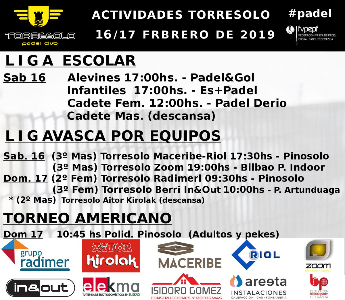 torresolopadel's tweet photo. En Torresolo no paramos! Fin de semana completo: Liga Escolar, Liga Vasca por Equipos y Torneo Americano Torresolo (adultos y pekes) @fvpadel @AitorKirolak #radimer #BarInAndOut #Maceribe #construccionesRiol #elekma #areeta #isidoroGomez #rotulosZoom https://t.co/7QJLETitkG