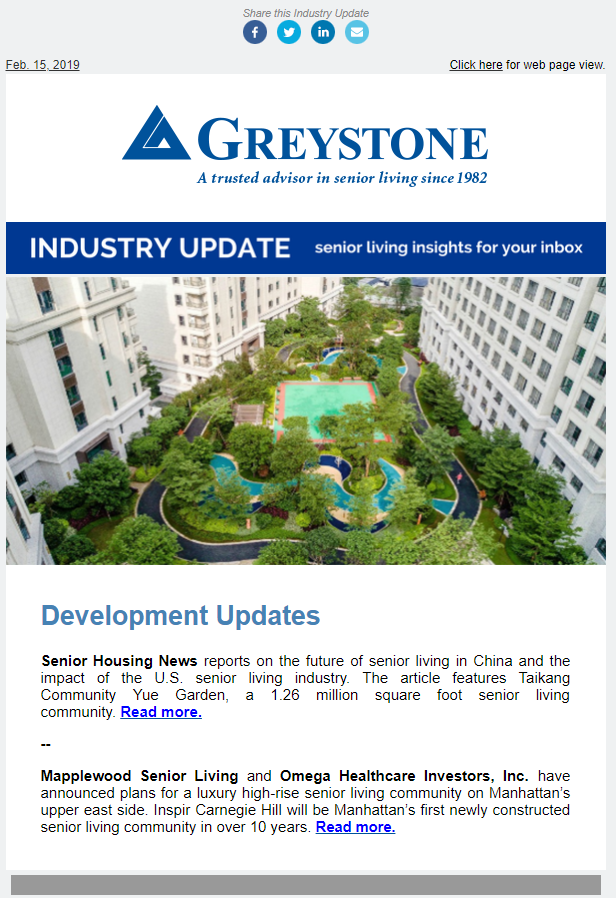 GreyComm's tweet photo. The Feb. 15th edition of Greystone's Industry Update has been delivered to our subscriber's mailboxes. Join our mailing list to receive a the most up-to-date news in #SeniorLiving each week. https://t.co/WodsjyV6GU #GreystoneCommunities #SeniorLivingNews #SeniorHousing https://t.co/nvCoAoRgz9