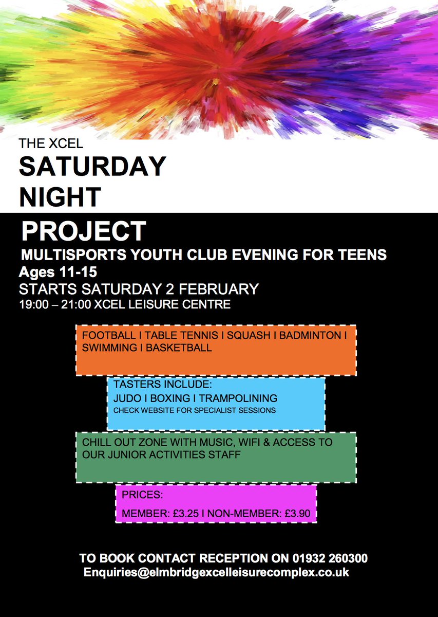 ElmbridgeBC's tweet photo. Do you have teenagers at home who would like to try new sports & activities? Turn up at #Saturdaynightproject @elmbridgexcellc tomorrow. https://t.co/HwysrRZVfU