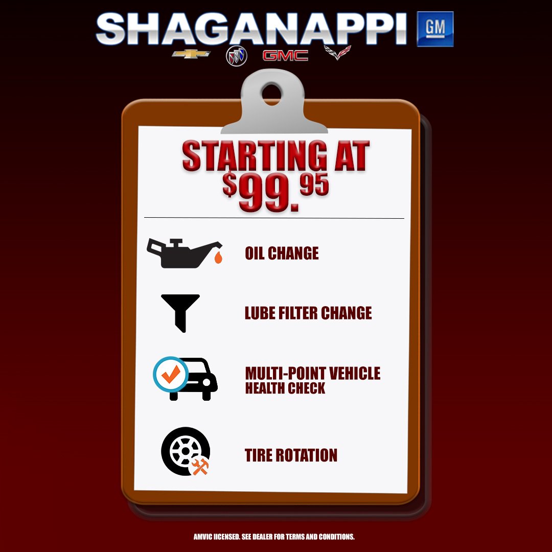 We've got a great deal going on over at our Service Department! Check out this awesome package for just $99.95! 
PLUS, if you've got a GM Visa card we will take off an additional $40! That's only $59.95 for all of this! #ShaganappiGM

AMVIC Licensed. Expires March 31, 2019.