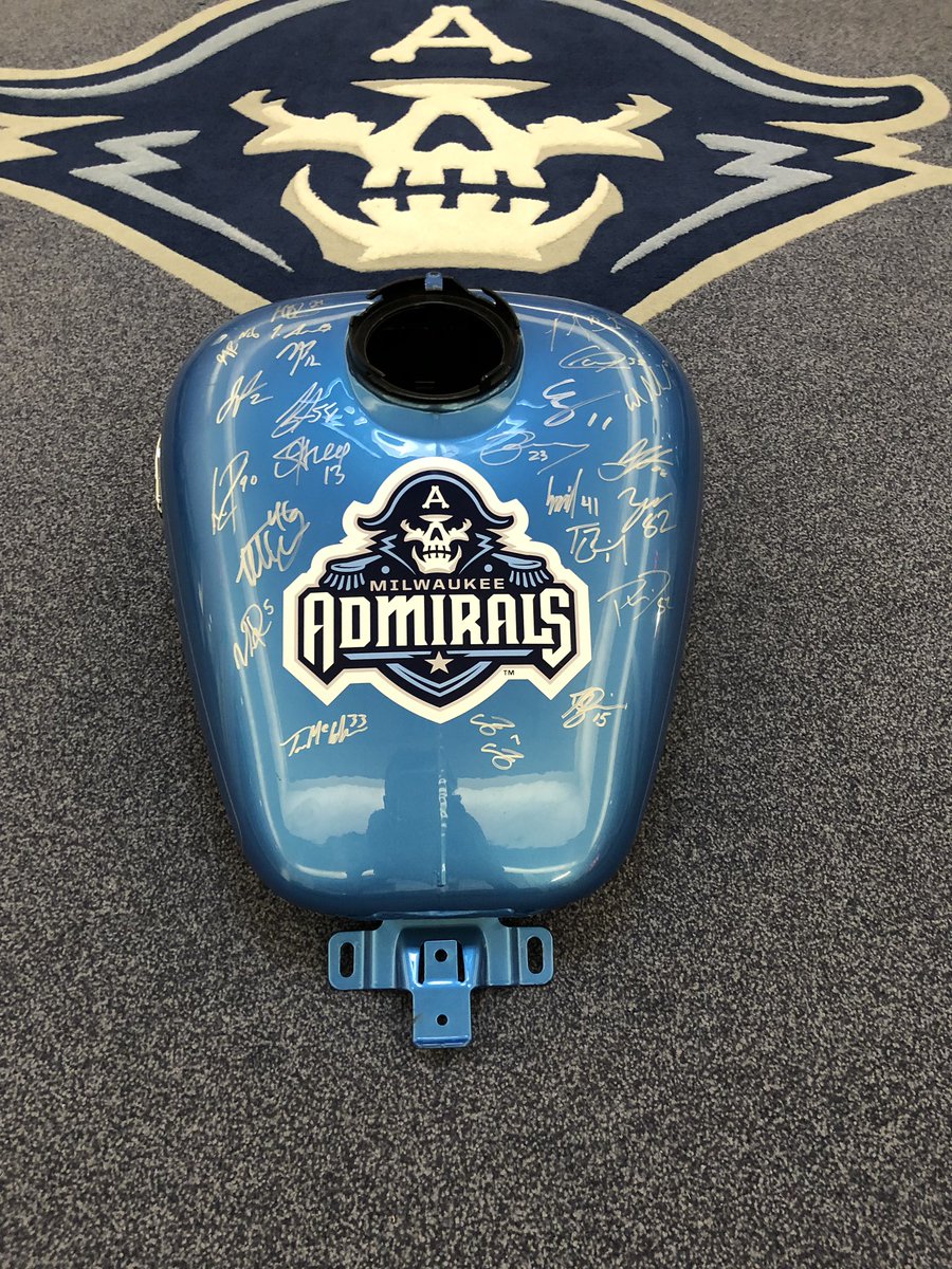 mkeadmirals's tweet photo. Want to win this team signed gas tank AND help a great cause? YOU CAN! We’re raffling this off with the proceeds benefiting Pucks for Patriots! Tickets are $5 each for 5 for $20. Get them at our office or any home game! Winner drawn March 9! https://t.co/ekjQIN6TwX