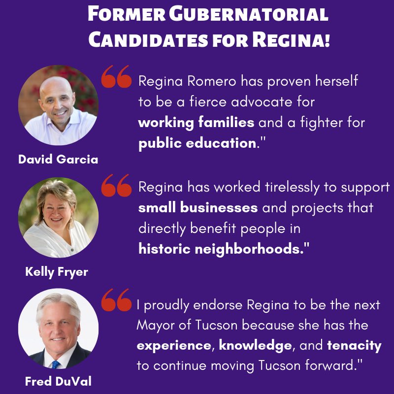 I’m honored to have the support of such strong leaders in our beautiful state. Thank you @dg4az, @fryerforarizona, and @FredDuVal for your support! #TeamRegina #TucsonMayor