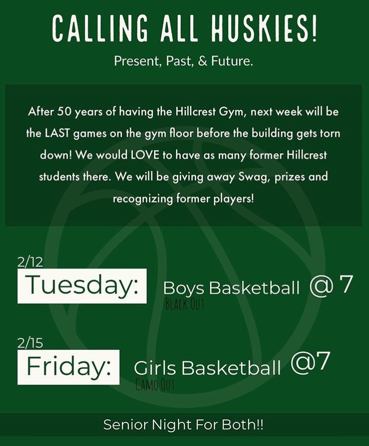 GAMEDAY! SENIOR NIGHT! LAST BASKETBALL GAME EVER IN THE HILLCREST GYM!

Join us as we host Cyprus
Soph 3:30
JV 5:15
Varsity 7:00

Today we spotlight our seniors!

Sam Gallman
Timina Powaukee
Desi Quinonez
Amelia Slama-Catron
Lehua Vea
Nicole Wilson
Anna Wright

See you tonight!!!