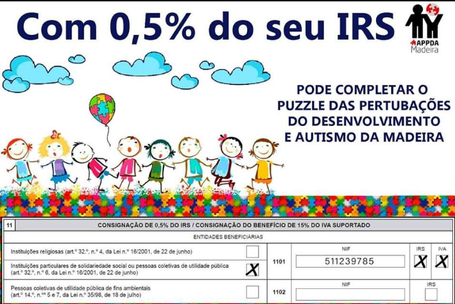 MadeiraAppda's tweet photo. Quando fizer o seu IRS, ajudem-nos a ajudar! Com a vossa consignação fiscal de 0,5% referente ao IRS 2018. Basta colocar o NIF 511239785 no quadro 11 do anexo H.
 #irs #consignação #autismo #appdamadeira #ajudar #funchal #madeira https://t.co/Y3GRXs1Ody