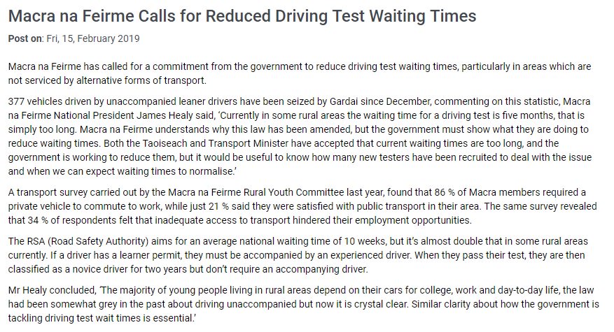 Macra calls for Reduced Driving Test Waiting Times