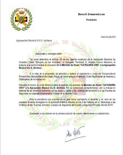 Honrados y agradecidos por la Mención de Honor "Categoría Oro" que la Asociación Nacional de Guardias civiles "Marques de las Amarillas" ha concedido a la Agrupación Musical OJE Archena.

VALE QUIEN SIRVE