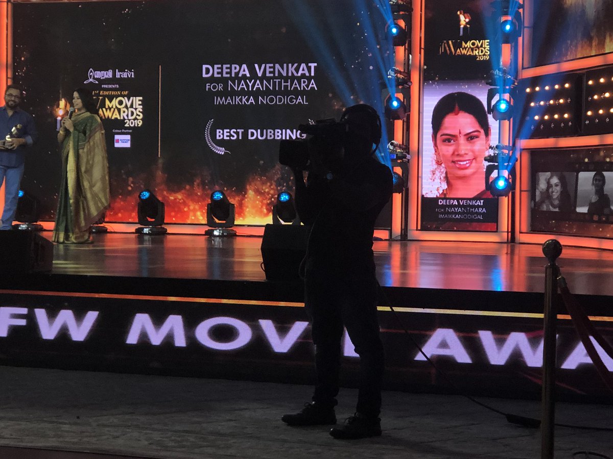 #JFWMovieAwards 
Happy that #DeepaVenkat got #jfwmovieawards best voice, dubbing artist for #Nayanthara in #ImaikkaaNodigal 
congrats 👏👏👏