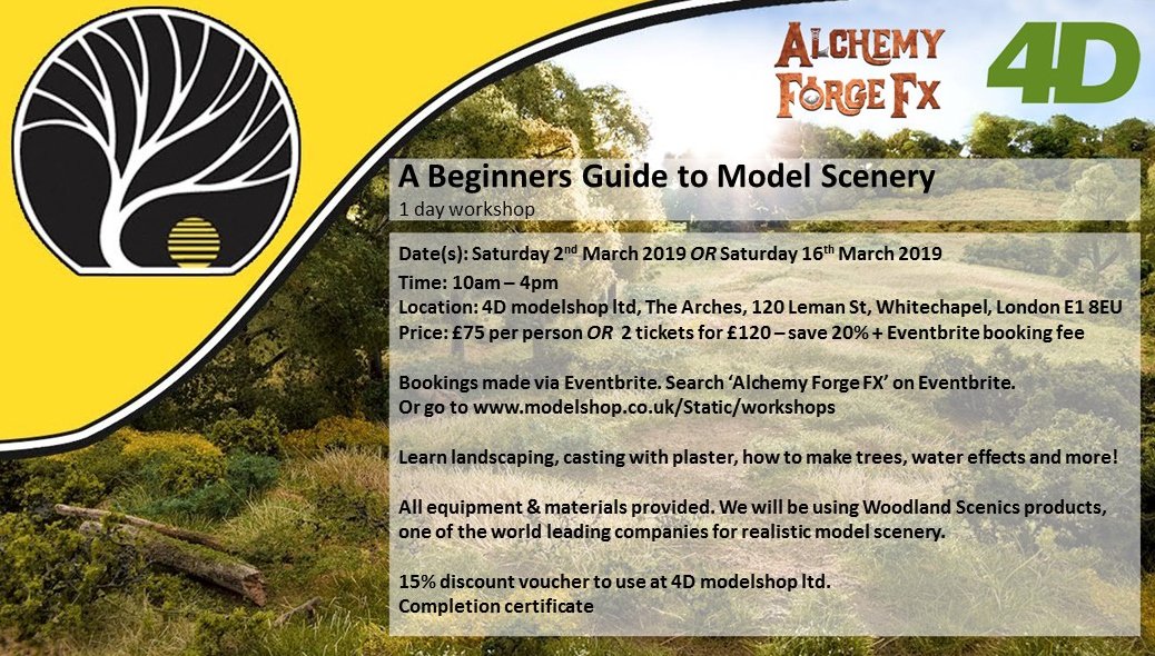 4Dmodelshop's tweet photo. @alchemyforgefx will be hosting a full day scenic model making workshop. Perfect for #wargaming #dungeonsanddragons and #modelrailways https://t.co/BOAazG0I21 https://t.co/Ft9dmTdMWA
