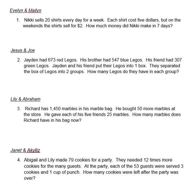 LaraRobMath's tweet photo. Check out the word problems our 4th grade students came up with.  Criteria was it must be multiple steps!  I'd say they have the structures down! #pisdmathchat  #BaileyRocks https://t.co/9M89B1tCc0