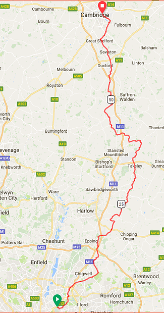 Pedal4CancerUK's tweet photo. This is an overview of the #p4c route from #LondontoCambridge.  🗺🚴  There are two break points en route, where you'll find snacks, lunch, toilets, water, as well as medics and mechanics.  We think we've thought of everything you'll need! #onerideonecause https://t.co/7F8ttYd6iK