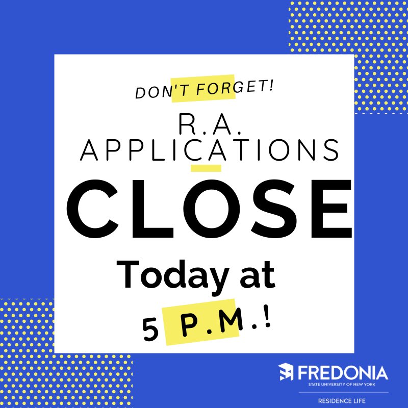 FredResLife's tweet image. Online R.A. Applications close TODAY AT 5 PM! Check out our website for the application and more information! If you have any questions, please talk to your R.D.! #fredreslife