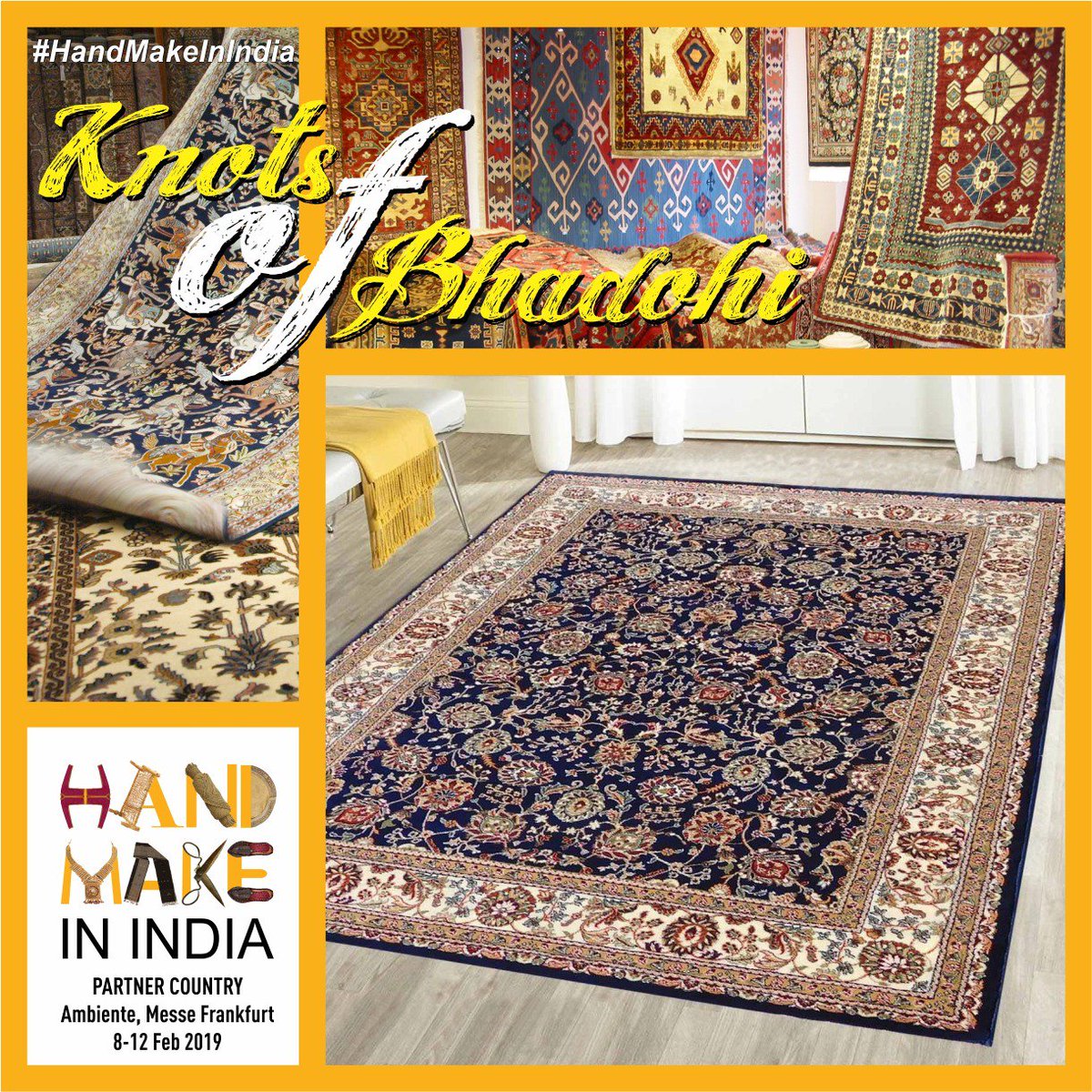 handicraftsdc's tweet photo. Bhadohi is called the Carpet City &amp; is the largest hand-knotted carpet weaving hub in South Asia. Artisans of Bhadohi are gifted weavers. Finest quality Bhadohi carpet can boast up to 425 knots/sq. inch-the ultimate figure in premium carpets. #HandMakeInIndia #Handicraft #Art https://t.co/1zBuCpLtlz