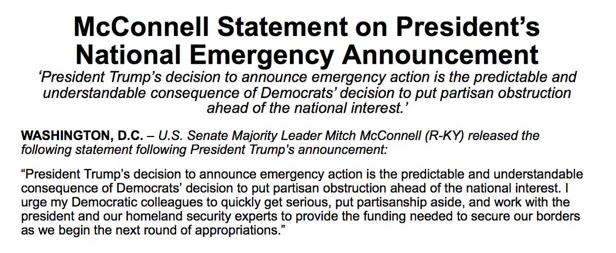 My Statement on @POTUS's National Emergency Announcement
https://www.republicanleader.senate.gov/newsroom/press-releases/mcconnell-statement-on-presidents-national-emergency-announcement …