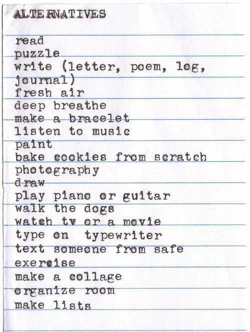 TW: Self Harm

We have an ‘Alternatives to Self Harm’ event coming up on Friday March 1st - here’s some alternatives to self harm that can often help control self harm urges
If you are self-harming or considering self harm, always seek professional help and support