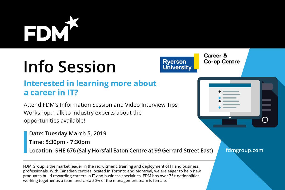 phialasso's tweet photo. @FDMGroup is hosting an info session/workshop for @RyersonU students interested in careers in #tech and #business. More info about the program at https://t.co/z2kNFwodR1; register at https://t.co/Fl7cKzBQQm https://t.co/8lxLLiaV6L