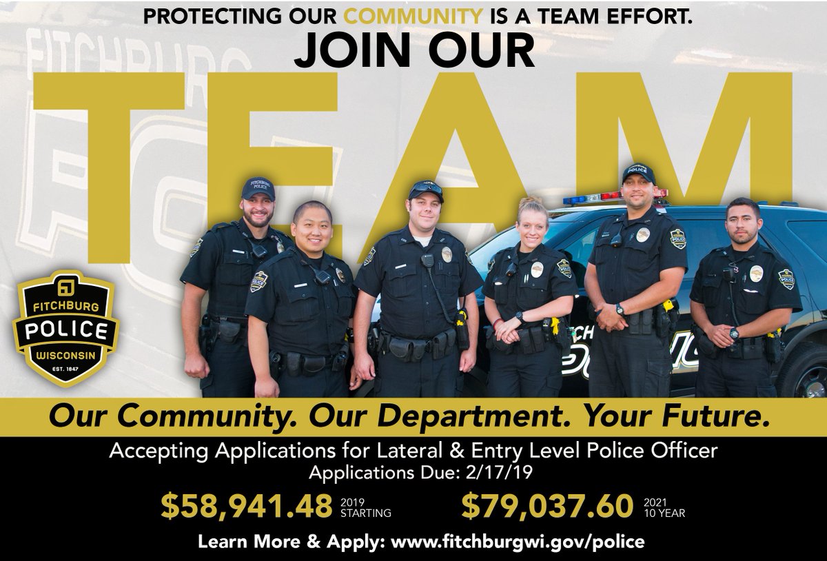 FitchburgWIPD's tweet photo. Protecting our community is a team effort. We're looking for candidates to join our team, but time is running out.  Applications are due Sunday 2/17. 

Experienced law enforcement officers &amp; those looking for a new career are invited to apply!

Learn more: https://t.co/l8PQkcIY1i https://t.co/pkqmrYMo7J