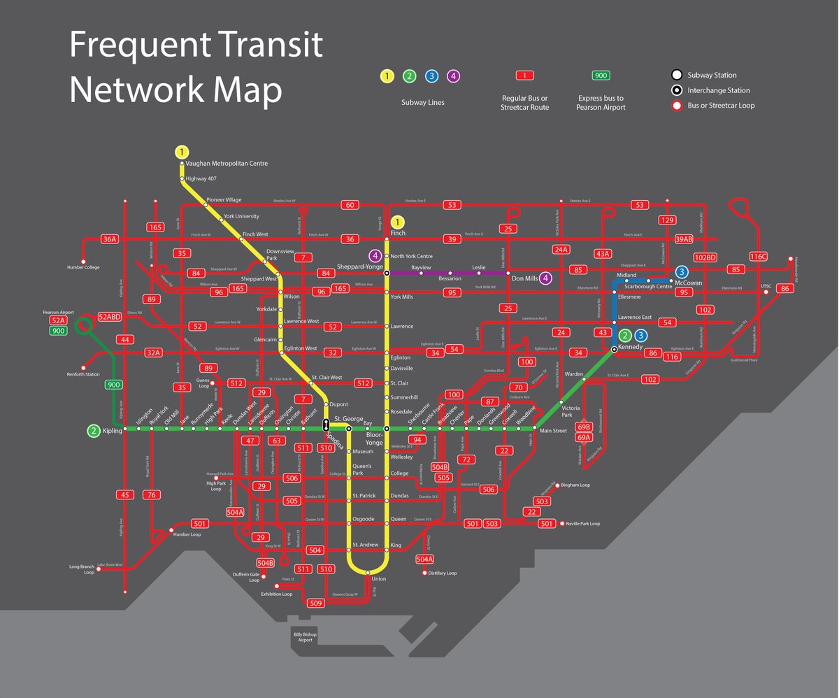 benkMapsStats's tweet photo. After seeing the new @ttcdesign subway/streetcar map, I thought I would make my own with all the 10 minute network routes https://t.co/TOoHUZbn7Y