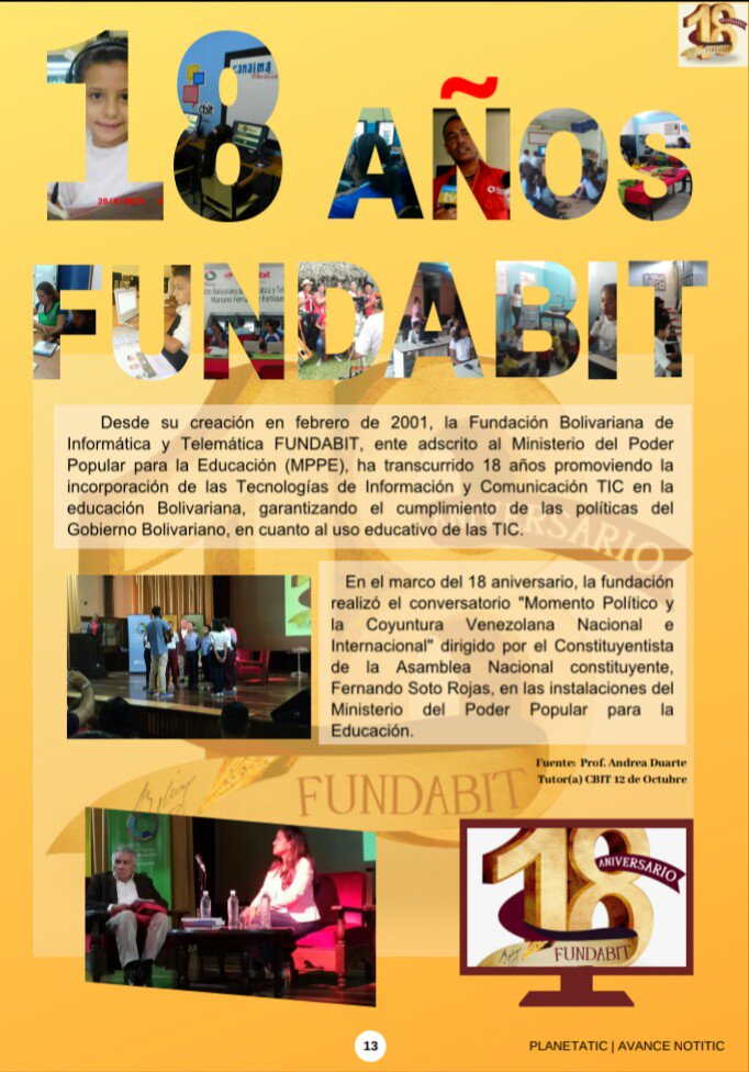 A continuación se presenta el Avance NotiTIC Febrero 2019.
Esta 8° publicación de PlanetaTIC, tiene como objetivo publicar las noticias más relevante de los últimos días de #FundabitAragua #PlanetaTIC

Enlace: 👉 calameo.com/books/00515631…

@MPPEDUCACION <a href="/vane_prieto/">Vanessa Prieto</a> @PedroGordon_21