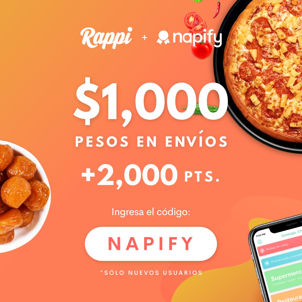 NapifyApp's tweet photo. ¡Napify &amp; Rappi sé unen!
Si aún no tienes Rappi, descárgala, ingresa el código NAPIFY 
y recibe $1,000 pesos de regalo al hacer tu primer envío y 2,000 puntos en Napify. https://t.co/IvusvZqrcB

Envía tu captura de pantalla a https://t.co/TE7gYNARnN y recibirás un código Napify. https://t.co/vvilnibmUl