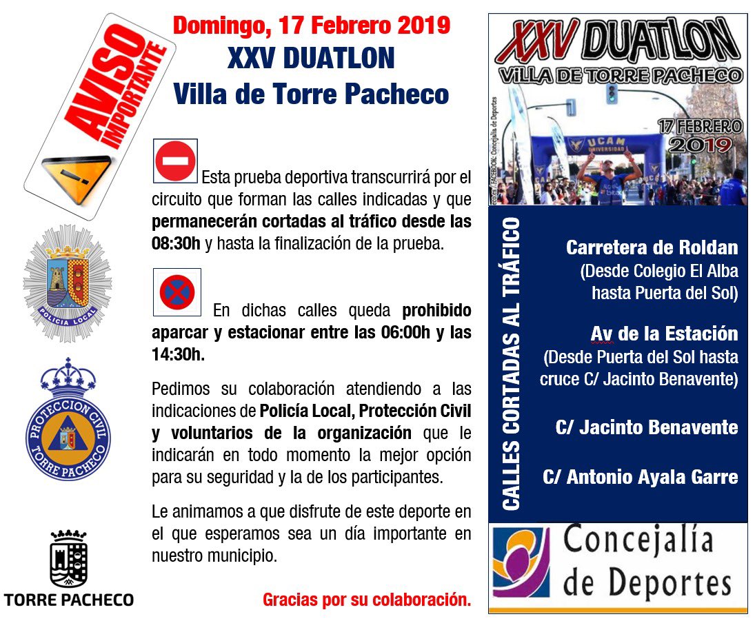 📣¡Este fin de semana se celebra la XXV Duatlon Villa de Torre Pacheco!

Aquí tienes recomendaciones de nuestra <a href="/policiaTP/">PL Torre Pacheco</a> y <a href="/PCivilTPacheco/">Protección Civil Torre Pacheco</a> e información sobre las calles cortadas.

¡Disfrutemos de la fiesta grande del deporte por primera vez en Domingo! 🏃🏼 🏃🏼‍♀️