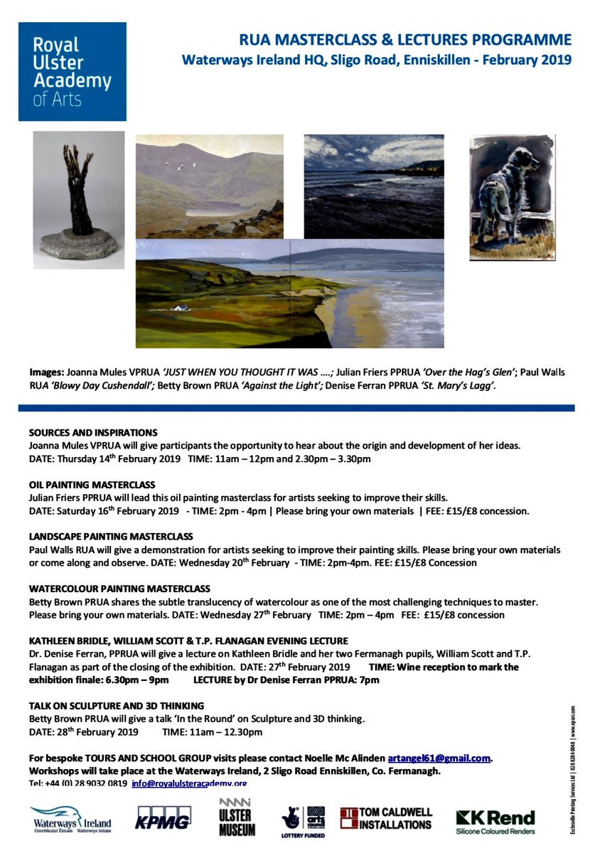 RoyalUlsterAcad's tweet photo. Tours, talks and masterclasses.
Here is all the information that you need about our current exhibition in @waterwaysirelan
#royalulsteracademy #art #visitfermanagh #discoverireland https://t.co/ctTOuseUto